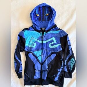Blue Beetle Hoodie Jacket Boys Full Zip Costume Mask Sweatshirt L 10/12 DC Comic